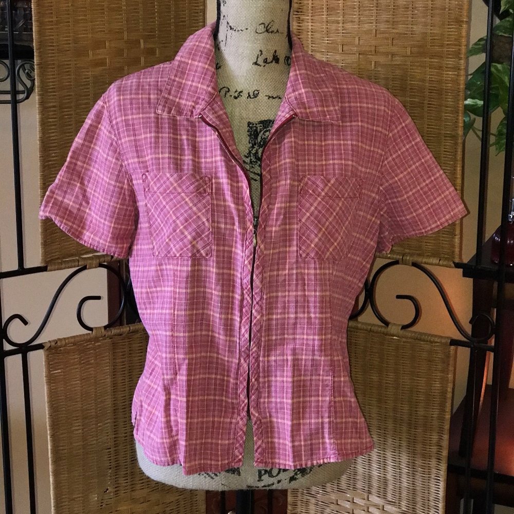 Ivy Red Plaid Zipper Short Sleeve Shirt